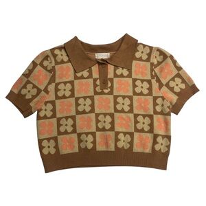 Altar’d State Retro Floral Cropped Knit Polo Size Medium